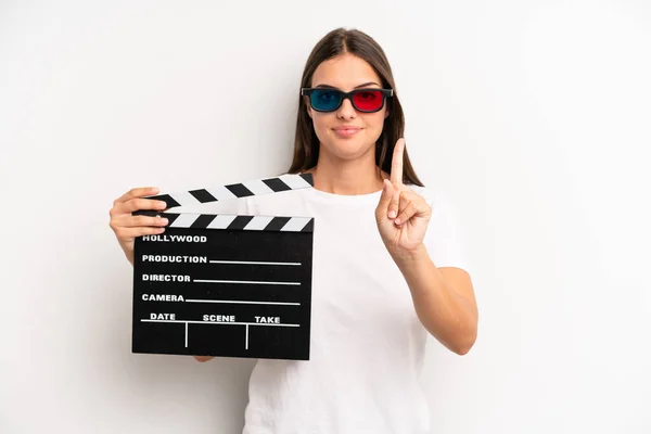 Pretty Woman Smiling Proudly Confidently Making Number One Movie Film — Stock Photo, Image