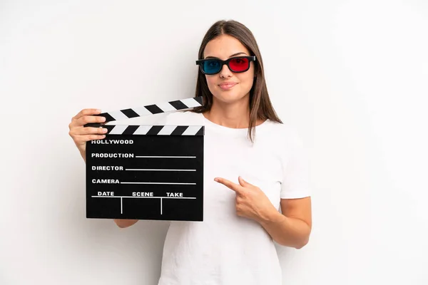 Pretty Woman Smiling Cheerfully Feeling Happy Pointing Side Movie Film — Stock Photo, Image