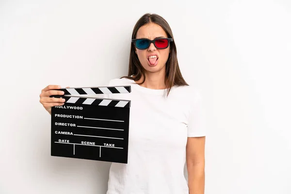 Pretty Woman Feeling Disgusted Irritated Tongue Out Movie Film Concept — Stock Photo, Image