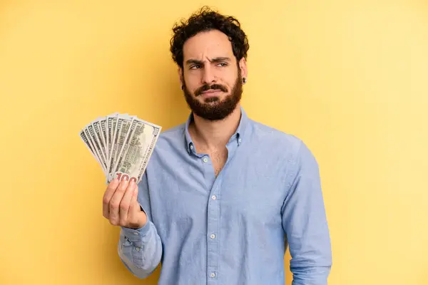 Young Man Feeling Sad Upset Angry Looking Side Dollar Banknotes — Stock Photo, Image