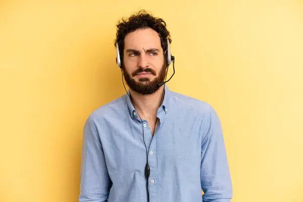 Young Man Feeling Sad Upset Angry Looking Side Telemarketer Concept — Stock Photo, Image
