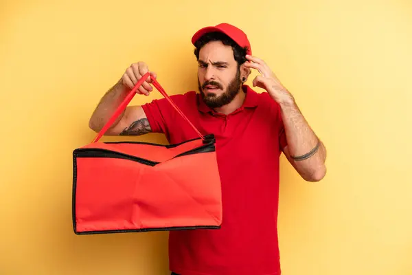 Young Man Feeling Confused Puzzled Showing You Insane Pizza Delivery — Stock Photo, Image