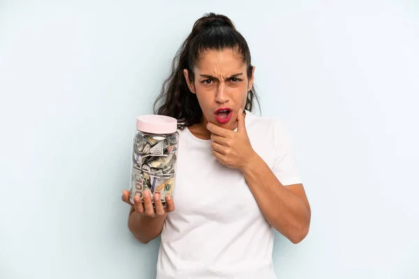 Hispanic Woman Mouth Eyes Wide Open Hand Chin Savings Concept — Fotografia de Stock