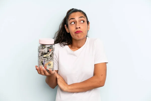 Hispanic Woman Shrugging Feeling Confused Uncertain Savings Concept — Stockfoto