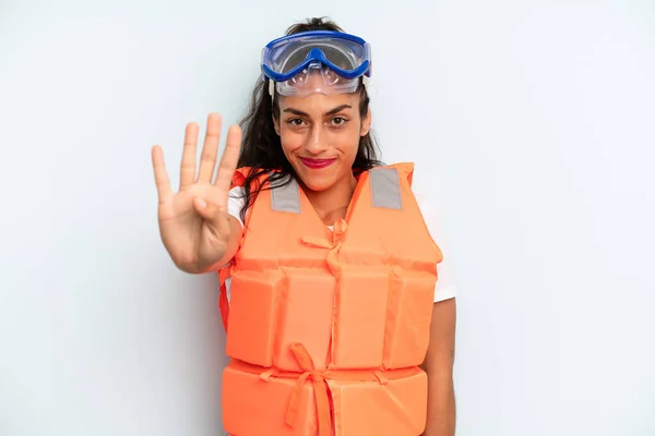 Hispanic Woman Smiling Looking Friendly Showing Number Four Life Jacket — Foto Stock