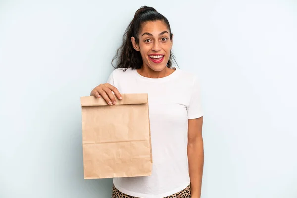 Hispanic Woman Looking Happy Pleasantly Surprised Take Away Concept — 图库照片