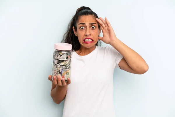 Hispanic Woman Feeling Stressed Anxious Scared Hands Head Savings Concept — Stockfoto