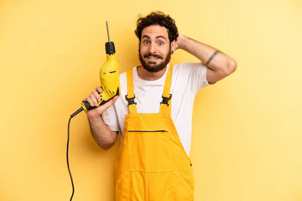 Young Man Feeling Stressed Anxious Scared Hands Head Handyman Drill — Stock Photo, Image