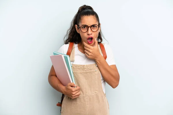 Hispanic Woman Mouth Eyes Wide Open Hand Chin University Student — Zdjęcie stockowe