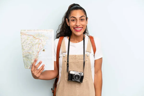 Hispanic Woman Looking Happy Pleasantly Surprised Tourist Map — Fotografia de Stock