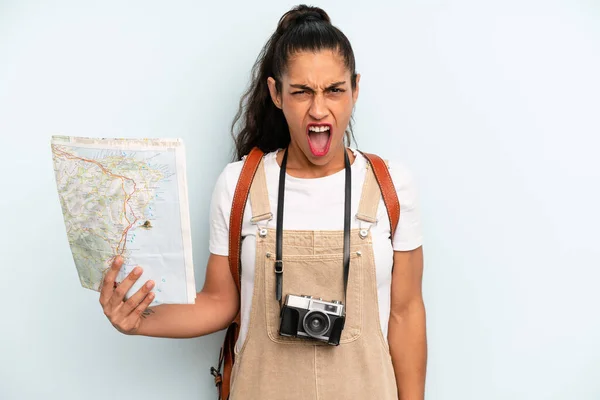 Hispanic Woman Shouting Aggressively Looking Very Angry Tourist Map — Fotografia de Stock