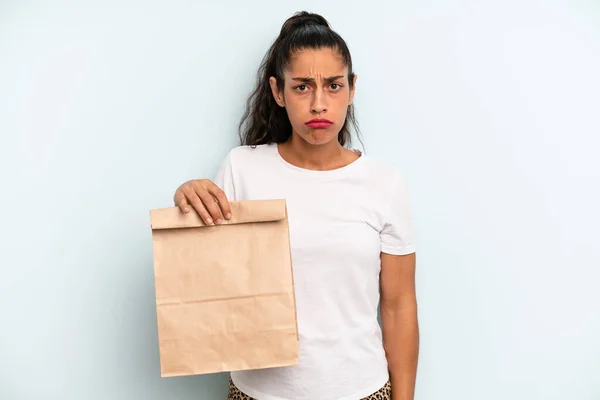 Hispanic Woman Feeling Sad Whiney Unhappy Look Crying Take Away — Zdjęcie stockowe