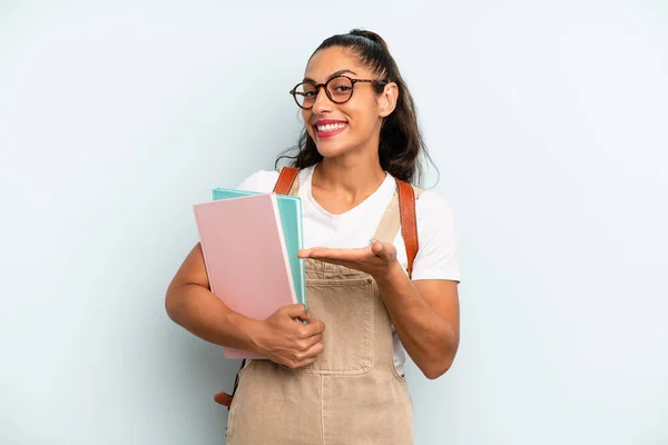 Hispanic Woman Smiling Cheerfully Feeling Happy Showing Concept University Student — Zdjęcie stockowe