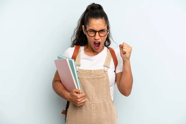 Hispanic Woman Shouting Aggressively Angry Expression University Student Concept — Zdjęcie stockowe