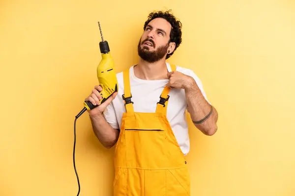 Young Man Feeling Stressed Anxious Tired Frustrated Handyman Drill — Stock Photo, Image