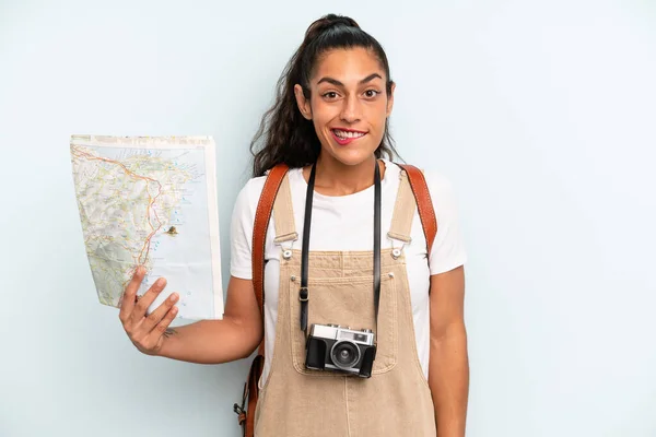 Hispanic Woman Looking Puzzled Confused Tourist Map — 스톡 사진