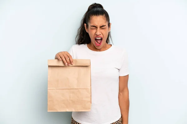 Hispanic Woman Shouting Aggressively Looking Very Angry Take Away Concept — Zdjęcie stockowe