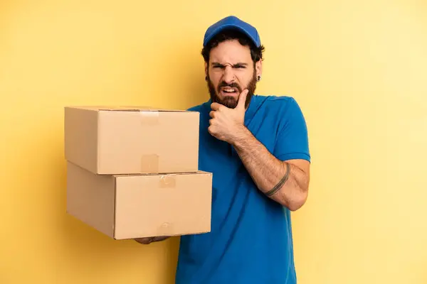 Young Man Mouth Eyes Wide Open Hand Chin Company Employee — Stock Photo, Image