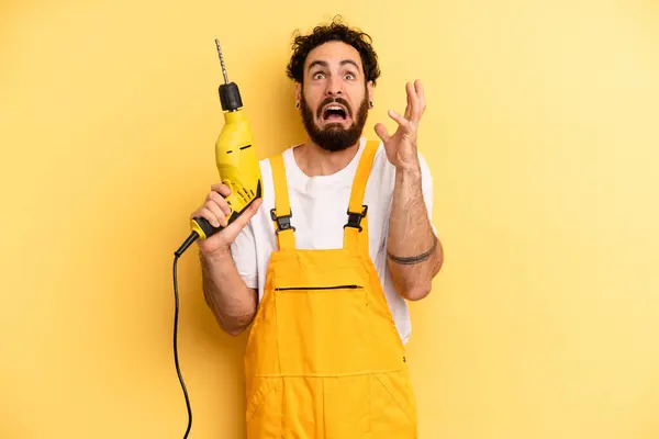 Young Man Screaming Hands Air Handyman Drill — Stock Photo, Image