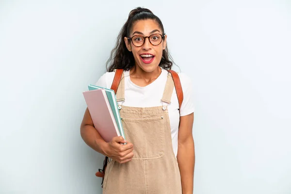 Hispanic Woman Looking Happy Pleasantly Surprised University Student Concept — Foto Stock