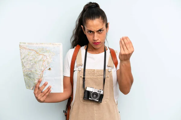 Hispanic Woman Making Capice Money Gesture Telling You Pay Tourist — Fotografia de Stock