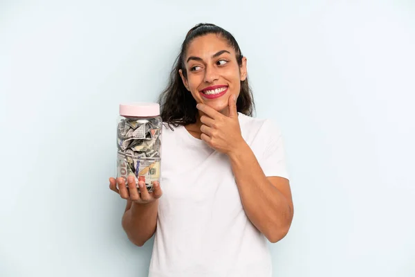 Hispanic Woman Smiling Happy Confident Expression Hand Chin Savings Concept — Stockfoto