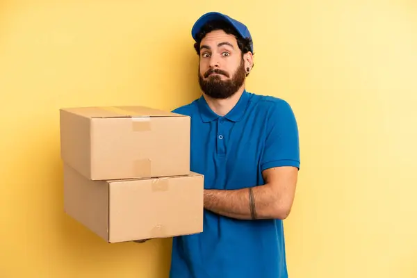 Young Man Shrugging Feeling Confused Uncertain Company Employee Concept — Stock Photo, Image