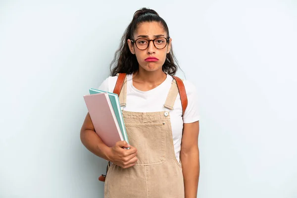 Hispanic Woman Feeling Sad Whiney Unhappy Look Crying University Student — Zdjęcie stockowe