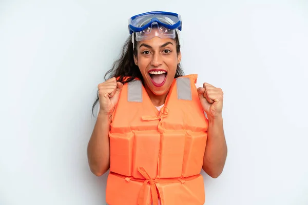 Hispanic Woman Feeling Shocked Laughing Celebrating Success Life Jacket Summer — Stock Photo, Image