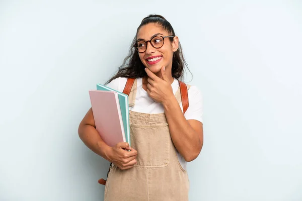 Hispanic Woman Smiling Happy Confident Expression Hand Chin University Student — Stock Photo, Image