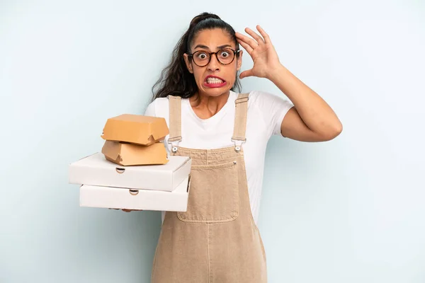 Hispanic Woman Feeling Stressed Anxious Scared Hands Head Fast Food — Stockfoto