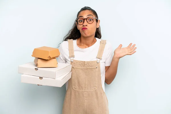 Hispanic Woman Feeling Puzzled Confused Doubting Fast Food Take Away — Photo