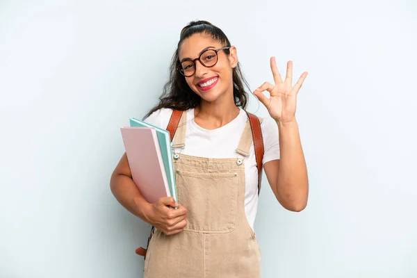 Hispanic Woman Feeling Happy Showing Approval Okay Gesture University Student — Zdjęcie stockowe