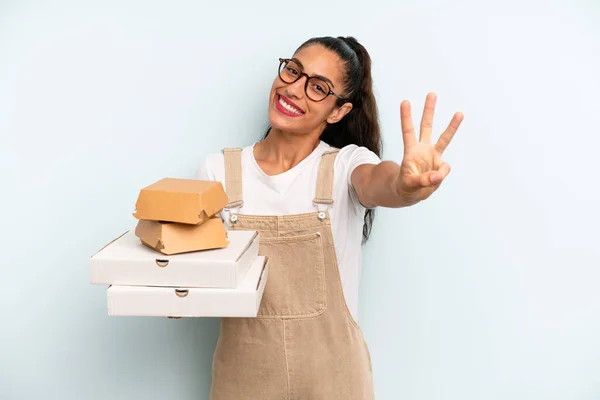 Hispanic Woman Smiling Looking Friendly Showing Number Three Fast Food — Foto Stock