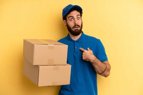 Young Man Looking Shocked Surprised Mouth Wide Open Pointing Self — Stock Photo, Image