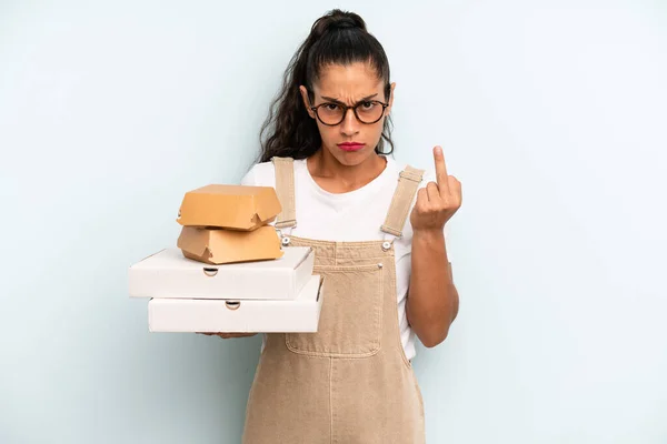 Hispanic Woman Feeling Angry Annoyed Rebellious Aggressive Fast Food Take — Fotografia de Stock