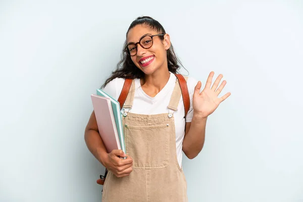 Hispanic Woman Smiling Happily Waving Hand Welcoming Greeting You University —  Fotos de Stock