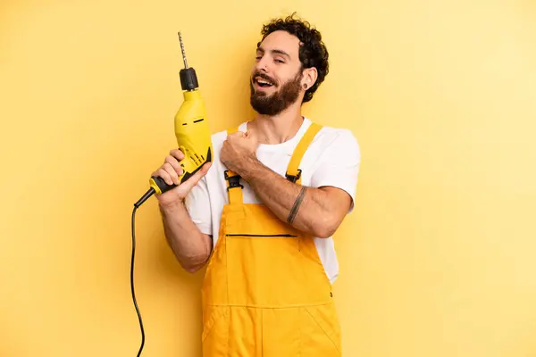 Young Man Feeling Happy Facing Challenge Celebrating Handyman Drill — Stock Photo, Image