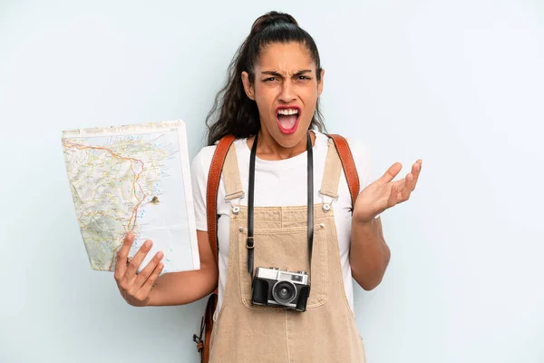 Hispanic Woman Looking Desperate Frustrated Stressed Tourist Map — Fotografia de Stock