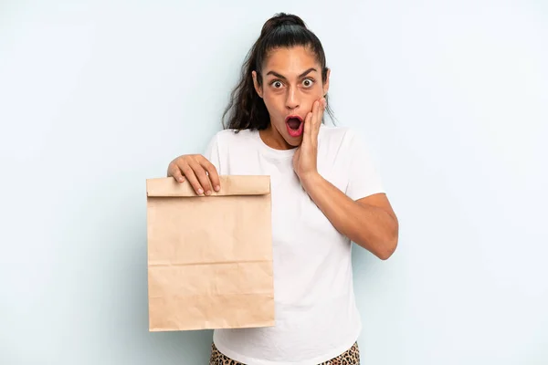 Hispanic Woman Feeling Shocked Scared Take Away Concept — Stok fotoğraf