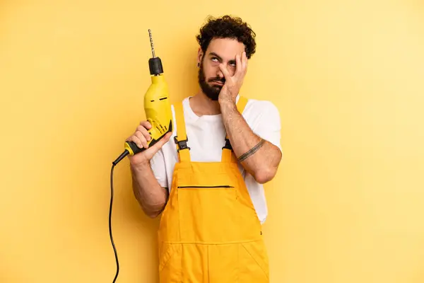 Young Man Feeling Bored Frustrated Sleepy Tiresome Handyman Drill — Stock Photo, Image