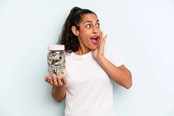 Hispanic Woman Feeling Happy Excited Surprised Savings Concept — Stockfoto