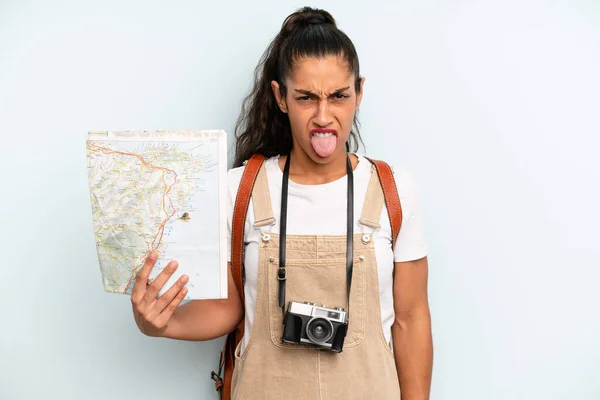 Hispanic Woman Feeling Disgusted Irritated Tongue Out Tourist Map — Fotografia de Stock