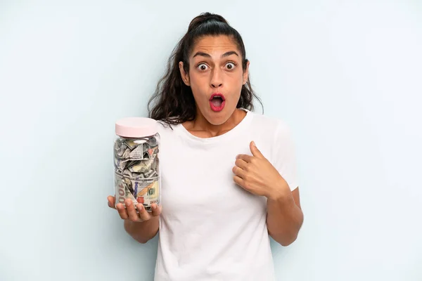 Hispanic Woman Looking Shocked Surprised Mouth Wide Open Pointing Self — Stockfoto