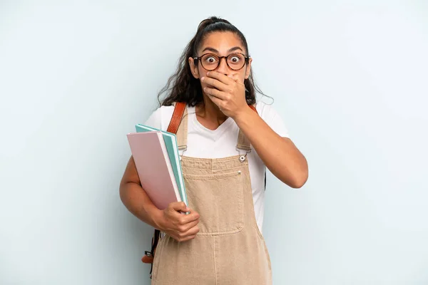 Hispanic Woman Covering Mouth Hands Shocked University Student Concept — Zdjęcie stockowe