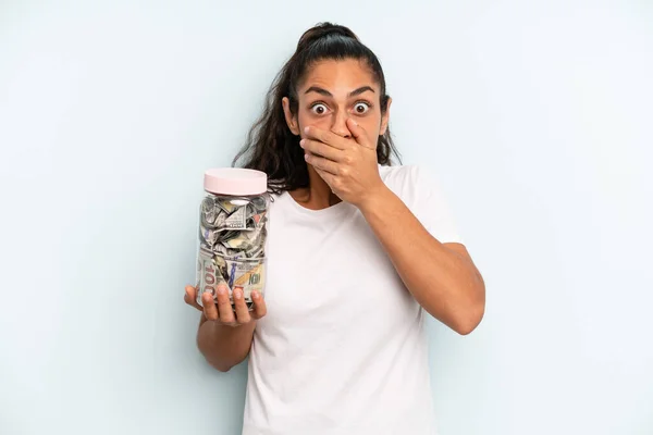 Hispanic Woman Covering Mouth Hands Shocked Savings Concept — Stockfoto