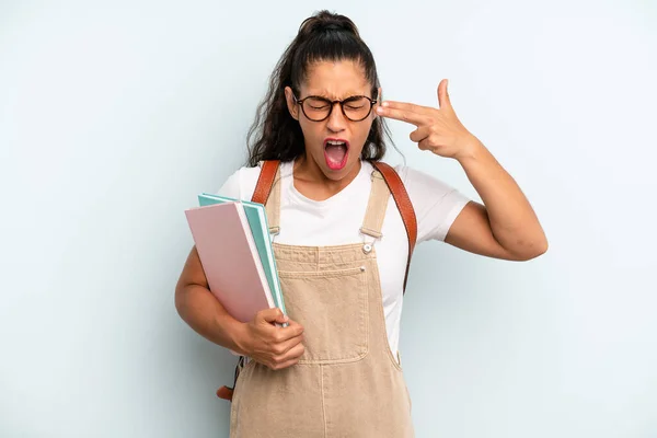 Hispanic Woman Looking Unhappy Stressed Suicide Gesture Making Gun Sign — Zdjęcie stockowe