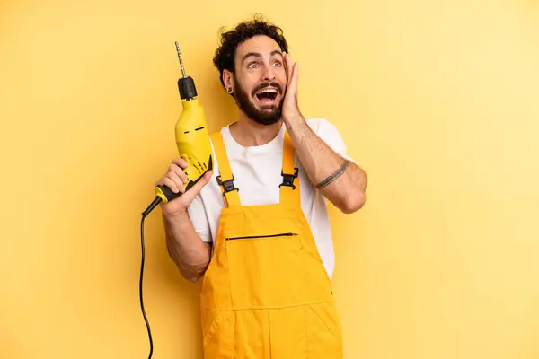 Young Man Feeling Happy Excited Surprised Handyman Drill — Stock Photo, Image