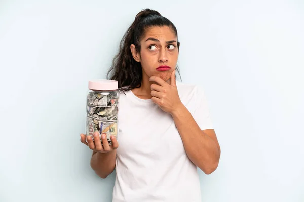 Hispanic Woman Thinking Feeling Doubtful Confused Savings Concept — Stockfoto