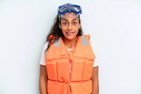 Hispanic Woman Looking Puzzled Confused Life Jacket Summer Concept — Stock fotografie